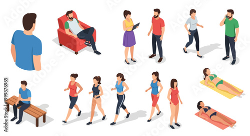 Set of isometric people characters in various daily life activities.