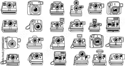 Black and White Line Art Collection of Vintage and Modern Instant Cameras, Vector Icons