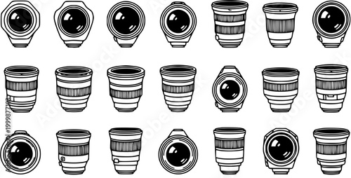 Black and White Line Art Vector Icons of Camera Lenses, Photography Equipment