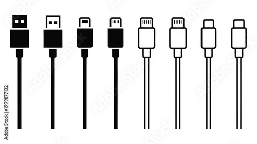 USB port vector set, Type, Type C, and Lightning connector symbols, clean minimal flat icons of USB connection ports