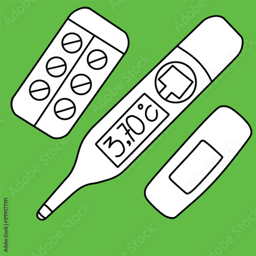 thermometer vector, medicine pills and hansaplast green background