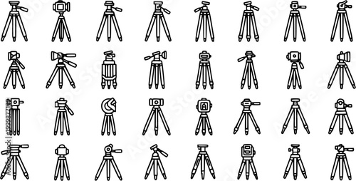 Black and White Line Art Vector Collection of Various Camera Tripods for Photography and Videography