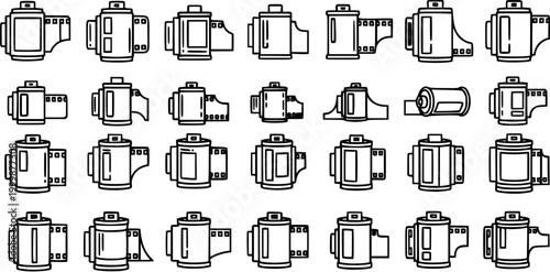 Black and White Line Art Icons of Various Film Canisters, Photography  Retro Tech