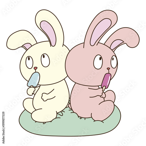 アイスキャンディーを食べるウサギのキャラクターたち