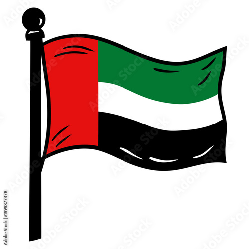Stylized illustration of the United Arab Emirates (UAE) flag waving on a flagpole.
