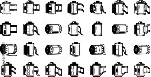 Black and White Line Art Icons of Film Canisters and Film Strips for Photography and Retro Tech