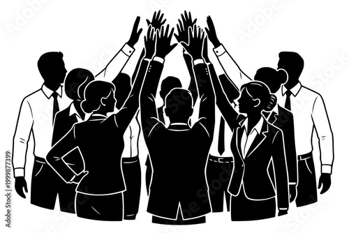 Canvas Print Business team raising hands together in group high five celebration, corporate t