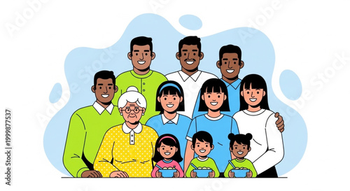 Large, Diverse Multi-Generational Family Group Illustration Showcasing Unity and Happiness. Smiling Relatives of Different Ages Stand Together, Emphasizing Connection and Support