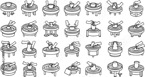 Pottery Making Process Black and White Line Art Icons Set. Hands Shaping Clay on a Potter's Wheel, illustrating Ceramic Craft Production Steps Outline.