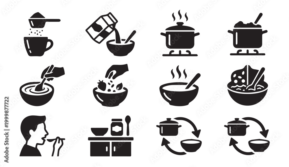 Obraz premium Cooking and food preparation process icons set with preparation, nutrition