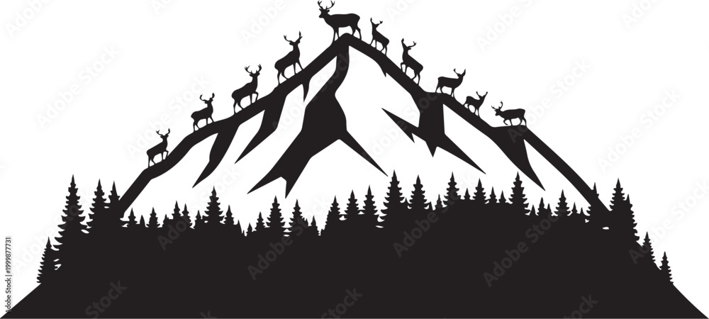 Obraz premium Mountain, deer, forest silhouette, wildlife scene, nature landscape, vector icon