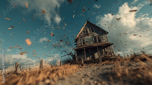 Eerie abandoned house battered by debris and wind under a dramatic sky
