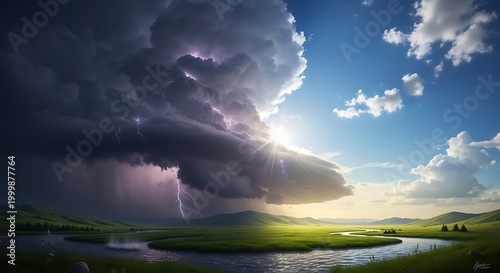 Dramatic storm clouds gathering over a lush green landscape with a sunbeam breaking through the gloom, evoking nature's power and beauty