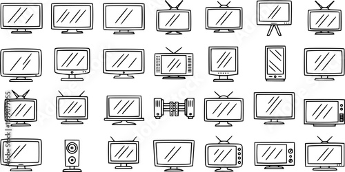 Technology Televisions and Monitors Line Art Icons Set. Hand-drawn Outline Display Devices Collection for Electronics and Home Entertainment.