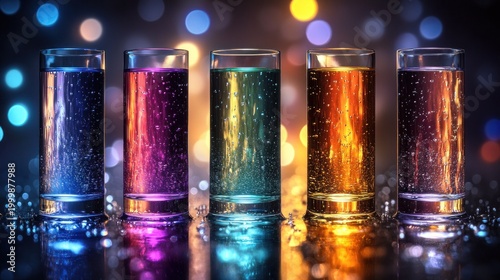 Colorful drinks in shot glasses against a bokeh background