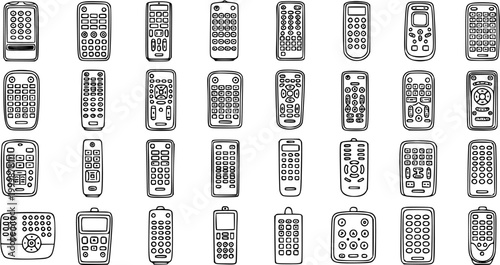 Technology Remote Controls Black and White Line Art Icons Set. Hand-drawn Doodle Outline Remotes for TV, AC, Multimedia, and Electronic Devices.