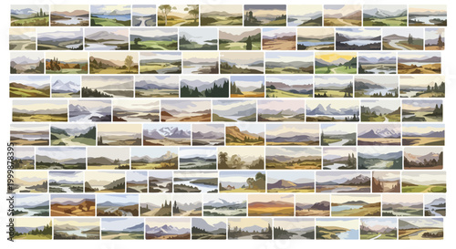 Vintage watercolor landscape collection, set of 100 panoramic nature illustrations, antique mountain and valley scenery, retro wilderness art bundle