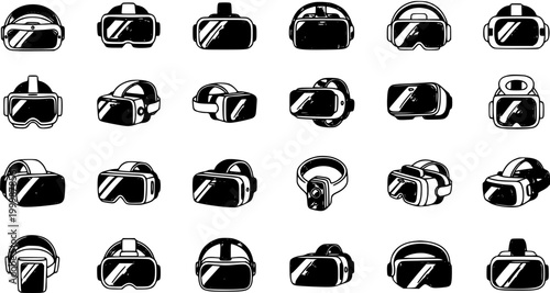 Black and White Vector Icons of Virtual Reality VR Headsets, Technology Art Style