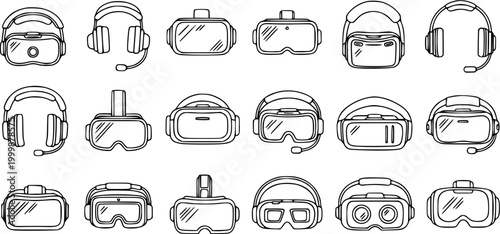 Technology Virtual Reality and Gaming Headsets Line Art Icons. Black and White Outline Collection of VR Glasses and Headphones for Metaverse Concepts.