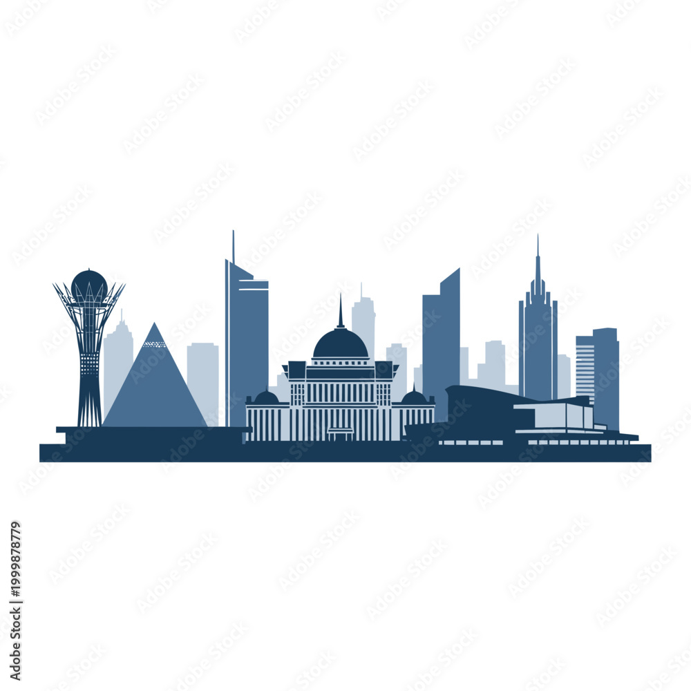 Naklejka premium Astana Kazakhstan Skyline Silhouette, Modern Cityscape, Famous Landmarks, Business District
