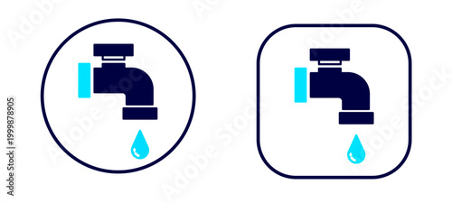 Flat design water faucet icon symbolizes water conservation and plumbing services, presented in circular and square formats on a white background.