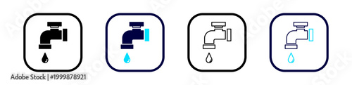 Solid and outline faucet icons with water drops represent plumbing and water flow, ideal for UI design elements on a transparent background.