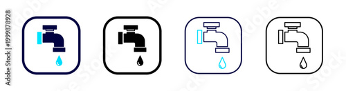 A faucet icon set represents water flow and conservation, illustrated in solid, outline, and colored variations on a clean background.