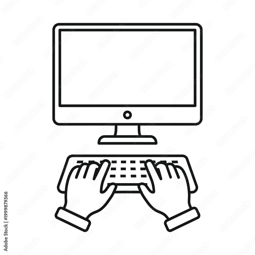 Fototapeta premium Minimalist computer workstation icon, hands typing on keyboard vector, desktop monitor line art for office work