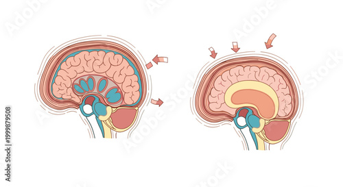 Medical illustration showing two cross sections of the human brain with different levels of internal fluid or pressure.