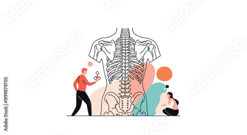 Conceptual medical illustration showing people interacting with a large diagram of the human spine and rib cage structure.