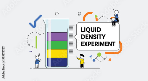 Colorful infographic illustrating a liquid density experiment with a beaker and small characters observing the layers.