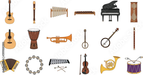 Traditional Musical Instruments Collection Featuring Guitar Recorder Piano Banjo Trumpet Violin Drum and Xylophone in Detailed Flat Vector Illustration for Music and Culture Designs.