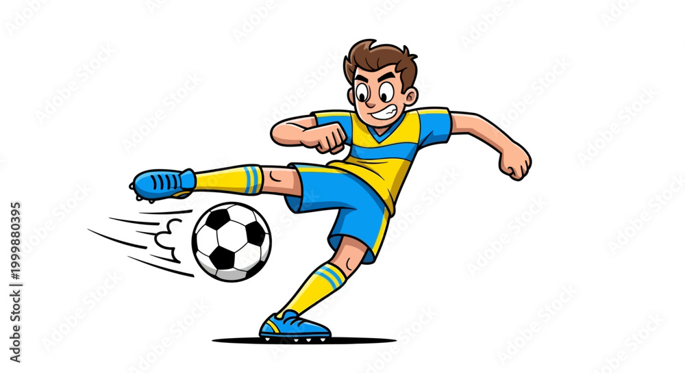 Obraz premium Cartoon human character in an energetic pose, playing soccer and kicking a ball in a sporty cartoon illustration against a simple clean white background.