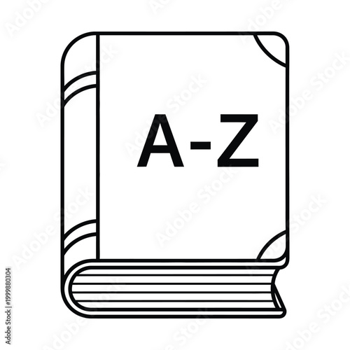 Minimalist dictionary book icon with A-Z text, black and white line art encyclopedia vector, educational reference book symbol for library and school learning materials