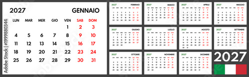 2027 year monthly office planner, calendar starts monday, two red weekends, white background, italian months name, 12 month planner grid