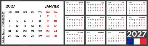 2027 year monthly office planner, calendar starts monday, two red weekends, white background, french months name, 12 month planner grid
