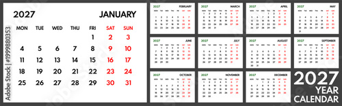 2027 year monthly office planner, calendar starts monday, two red weekends, white background, 12 month planner grid