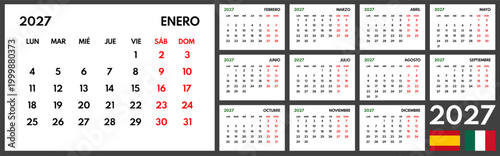 2027 year monthly office planner, calendar starts monday, two red weekends, white background, spanish months name, 12 month planner grid