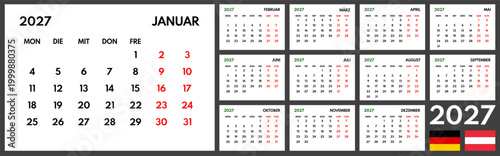 2027 year monthly office planner, calendar starts monday, two red weekends, white background, german months name, 12 month planner grid
