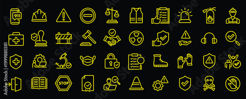 Work Safety web icons in line style. Protection, risk management, workplace security, insurance, health, hazard, helmet. Editable stroke. Vector illustration.