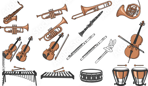 Classical Musical Instruments Collection Featuring Violin Trumpet Trombone Clarinet Flute Drum and Xylophone in Detailed Hand Drawn Vector Illustration for Orchestra Design Projects.