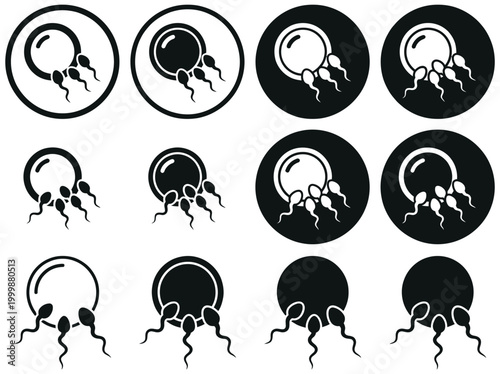 Schilderij op canvas Fertilization Icon Set with Sperm Cells and Egg Ovum; Black and White Vector Sym
