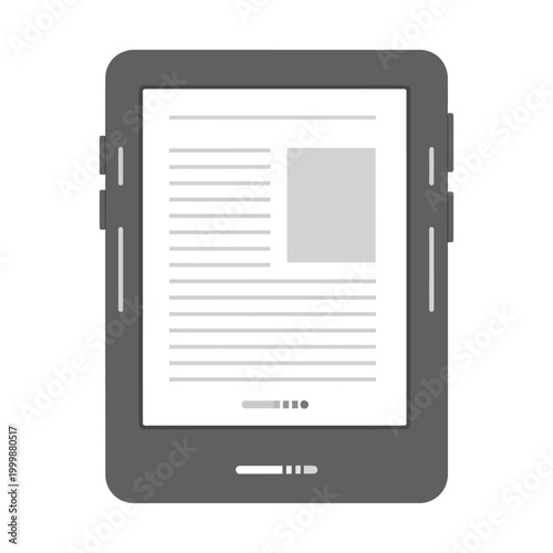 Minimalist e-reader vector icon, digital tablet for reading electronic books, portable mobile device with text on screen, flat grey electronic book reader illustration