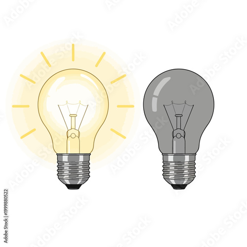 Glowing light bulb idea vs. dark bulb, concept of innovation, inspiration, and creativity