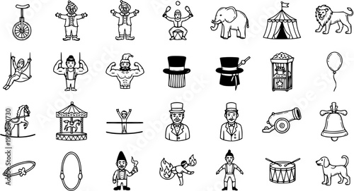 Circus Entertainment Black  White Line Art Icons Set. Hand-drawn outline symbols including clowns, strongmen, elephant, tent, magician, carousel, and show elements in doodle style.
