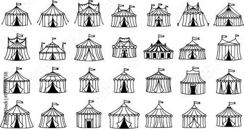 Black and White Line Art Circus Tent Icons Collection. Hand-drawn Big Top Marquee Doodle Illustrations for Entertainment Industry, Festivals, and Events.