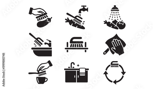 Photos Kitchen vegetable cleaning and food preparation icon set with cleaning, culinary