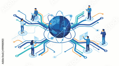 Illustration of people connecting globally through technology and networks