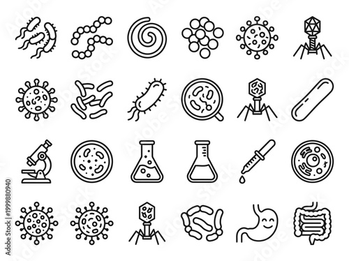 Tableau sur toile Microbiology and Bacteriology Icon Set - Bacteria, Virus, Laboratory Equipment,