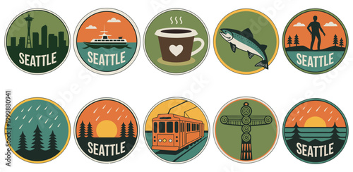 Seattle retro vector badge set, vintage circular travel patches featuring skyline tram and Mount Rainier, outdoor adventure sticker collection for apparel design, classic tourism emblem illustration